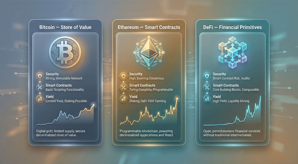 Crypto Narrative Comparision Bitcoin vs Ethereum vs DeFi